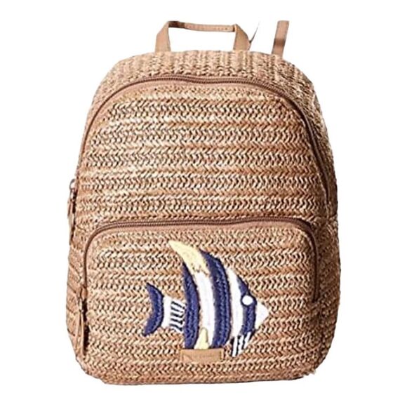 Vera Bradley Warm Stone Straw Mini Convertible Backpack Fish Applique EUC - Picture 1 of 6
